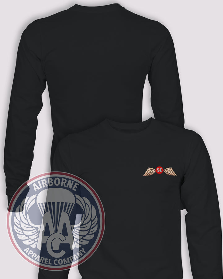 Jedburgh Wings SF Heritage Long Sleeve T-shirt — Black — front print, blank back and sleeves