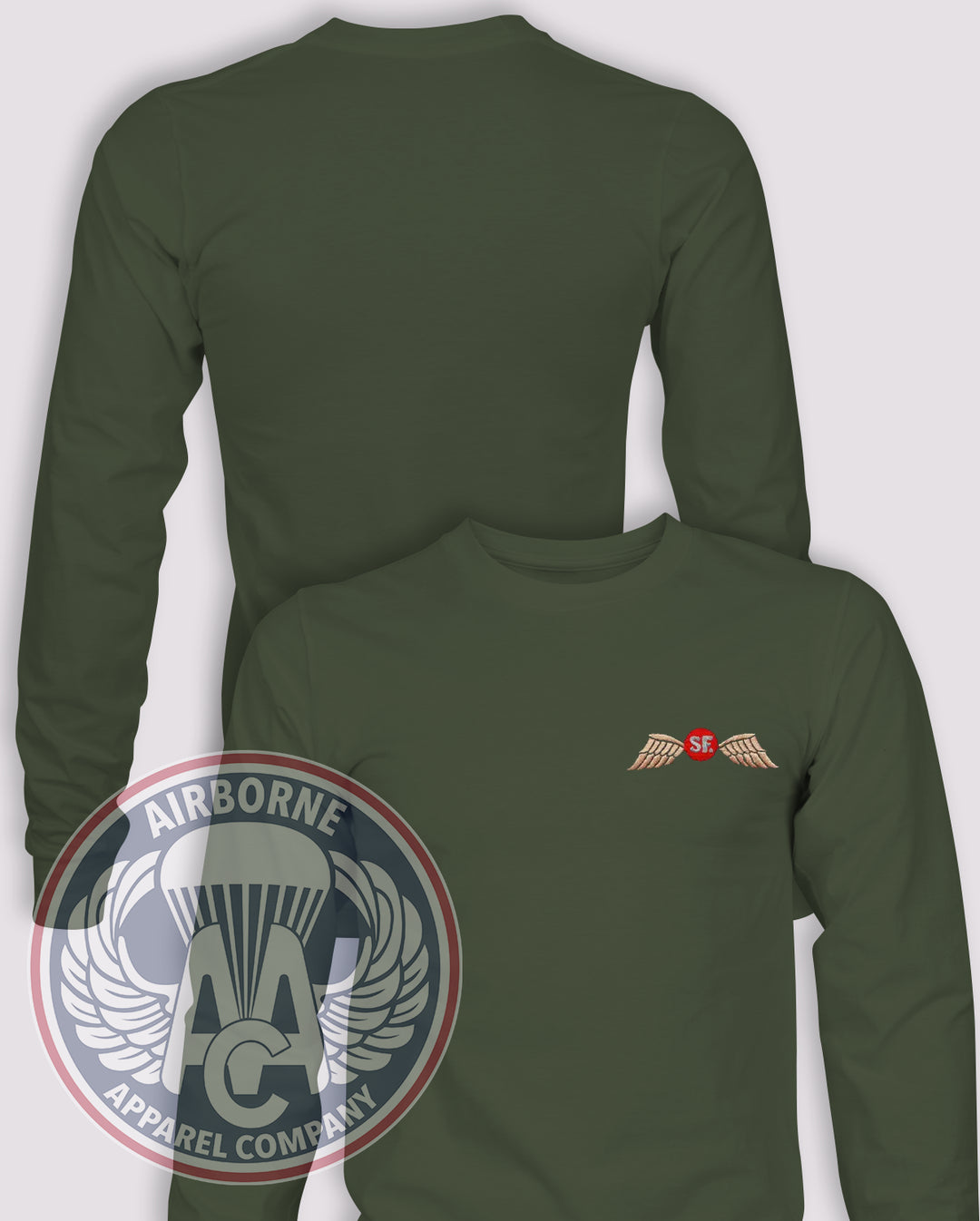 Jedburgh Wings SF Heritage Long Sleeve T-shirt — OD Green — front print, blank back and sleeves