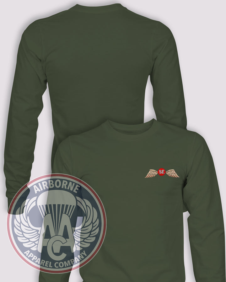 Jedburgh Wings SF Heritage Long Sleeve T-shirt — OD Green — front print, blank back and sleeves
