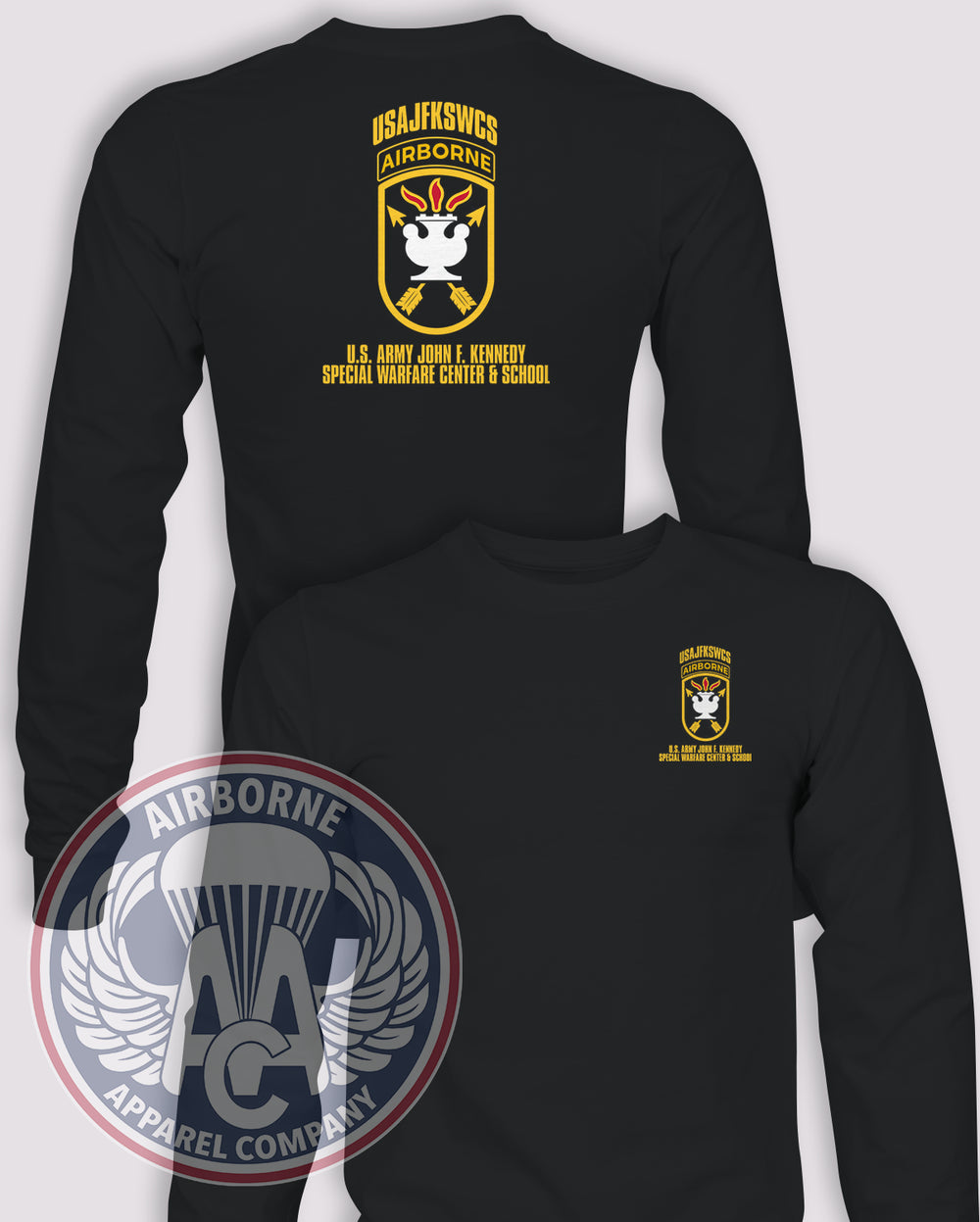 JFK Special Warfare Center & School Long-Sleeve T-Shirt, Black, front and back views