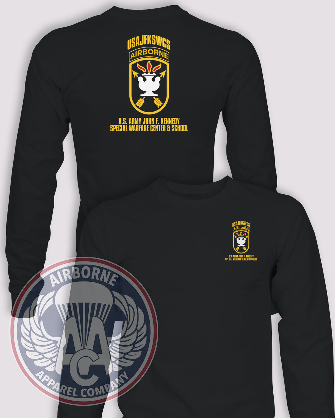 JFK Special Warfare Center &amp; School Long-Sleeve T-Shirt, Black, front and back views