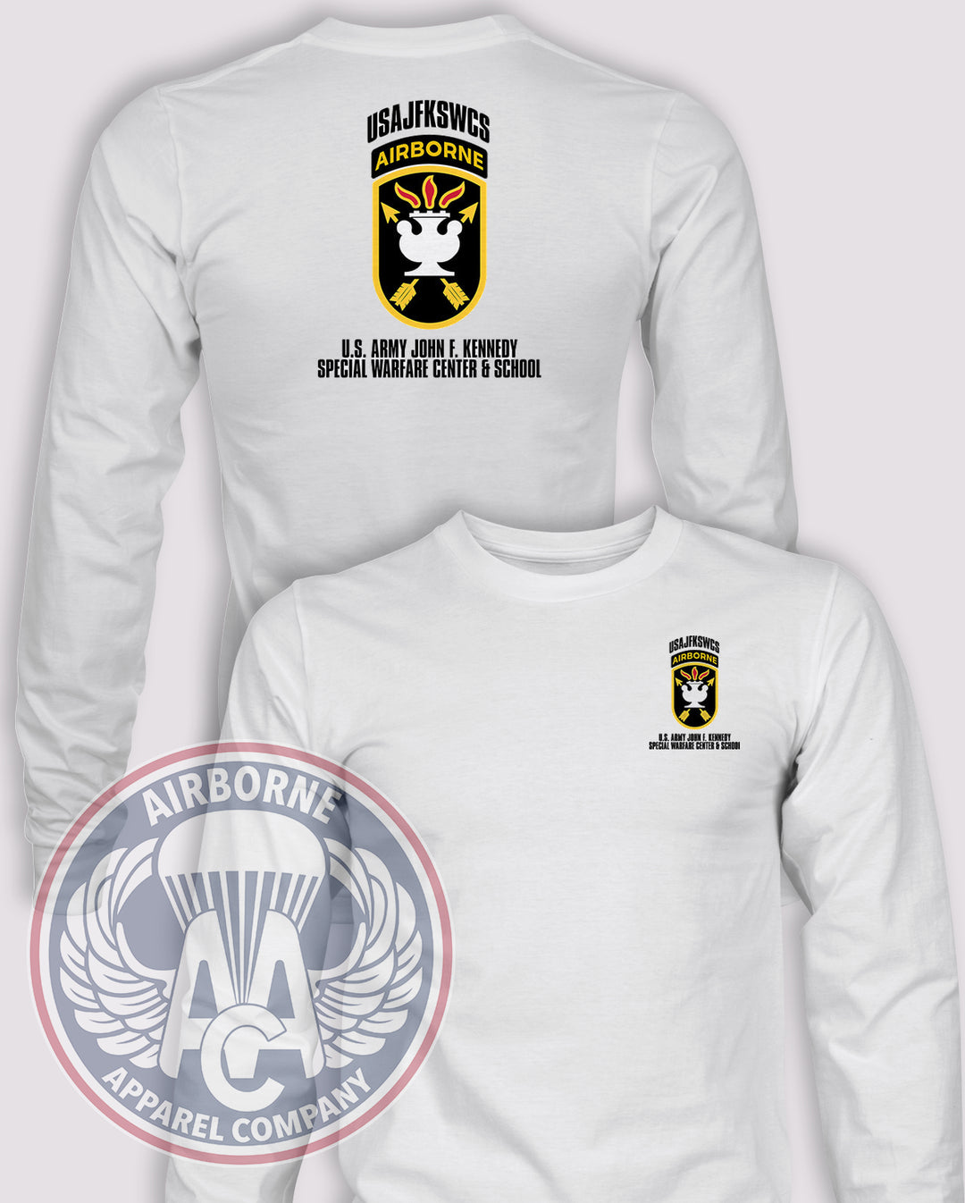 JFK Special Warfare Center &amp; School Long-Sleeve T-Shirt, White, front and back views
