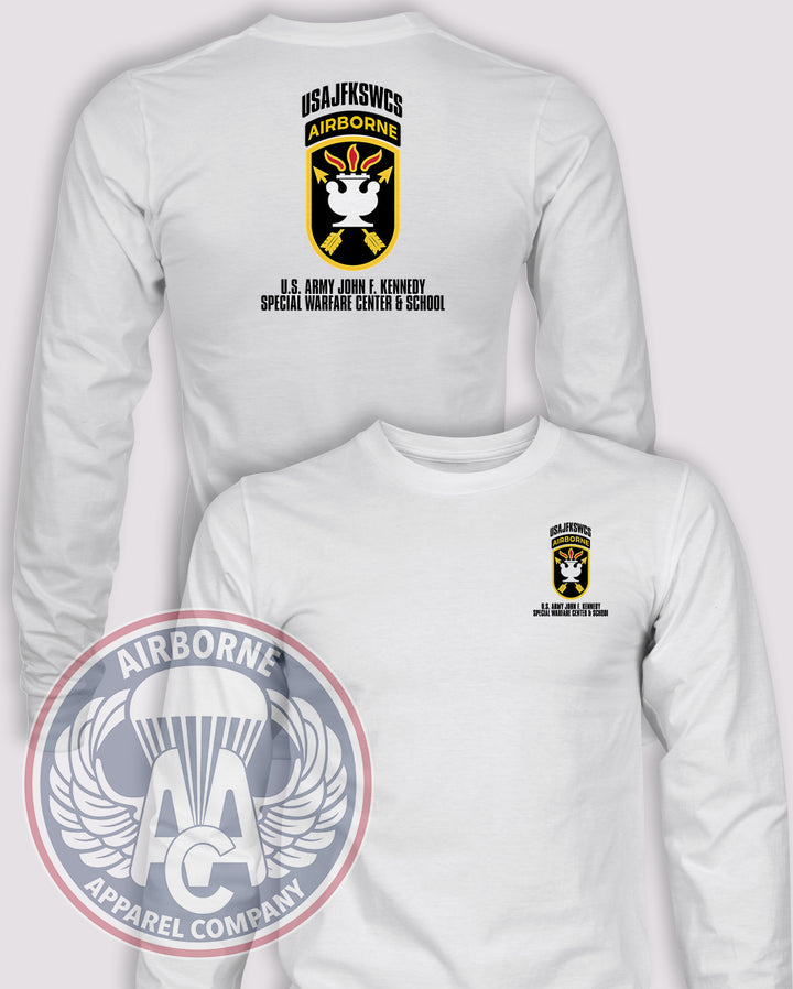 JFK Special Warfare Center &amp; School Long-Sleeve T-Shirt, White, front and back views