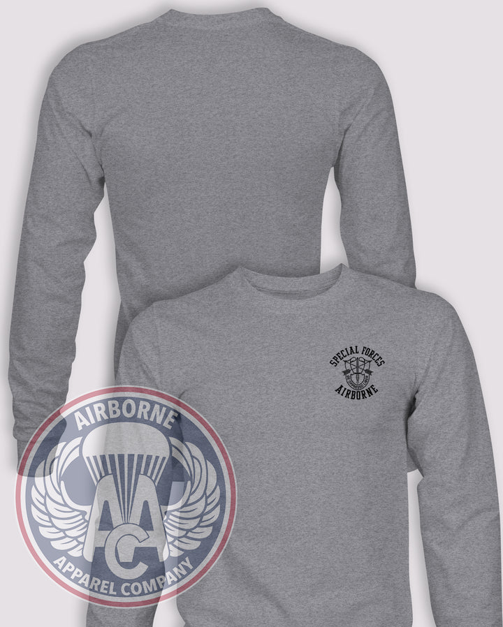 Special Forces Group Long Sleeve T-shirt — Heather Grey — front print, blank back and sleeves