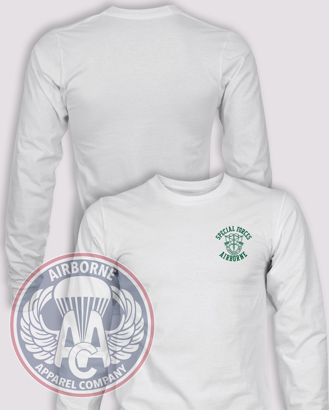 Special Forces Group Long Sleeve T-shirt — White — front print, blank back and sleeves