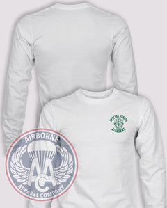 Special Forces Group Long Sleeve T-shirt — White — front print, blank back and sleeves