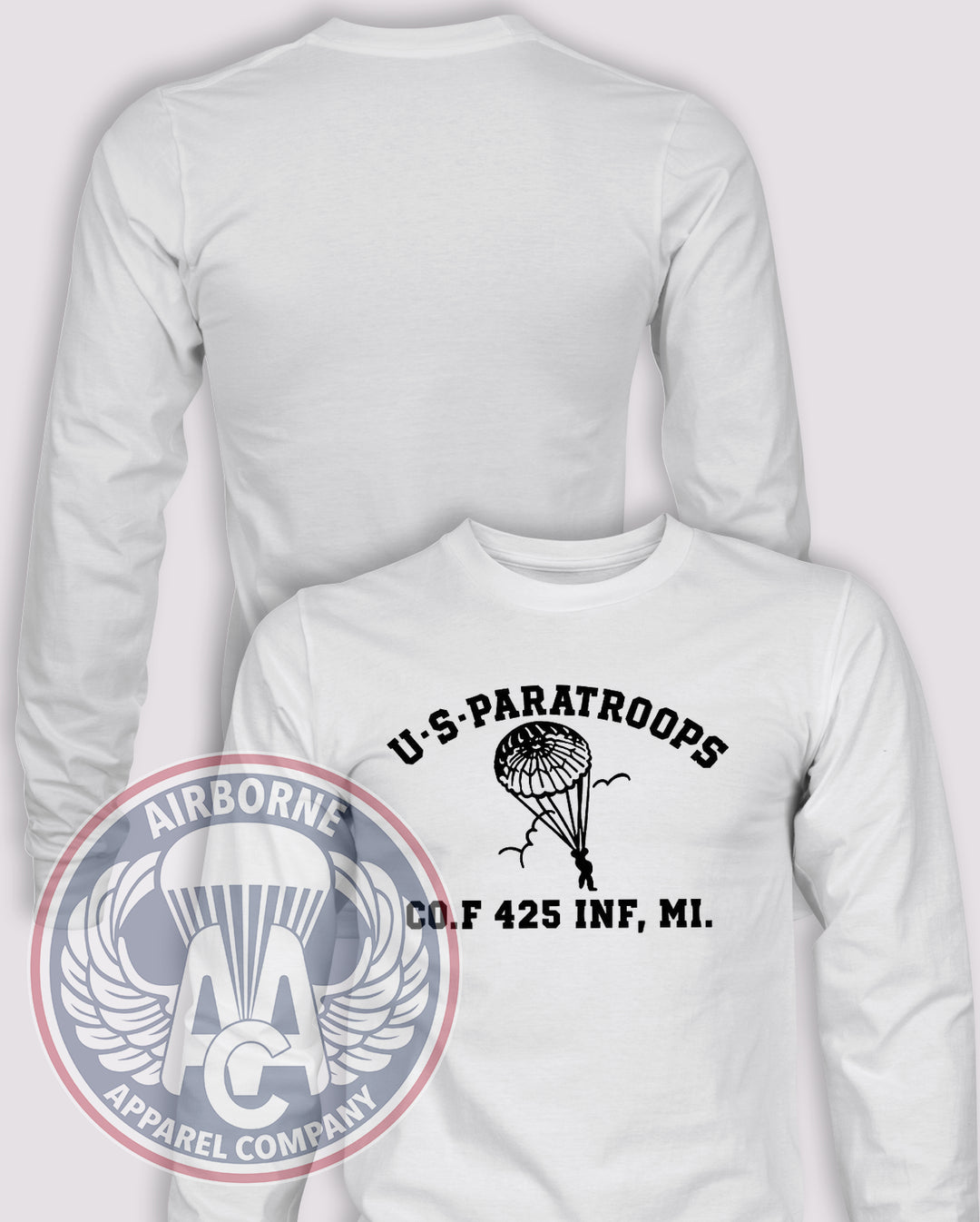 F CO 425 INF US Paratroops Long Sleeve T-shirt — White — front print, blank back and sleeves