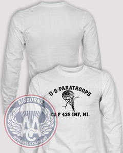 F CO 425 INF US Paratroops Long Sleeve T-shirt — White — front print, blank back and sleeves