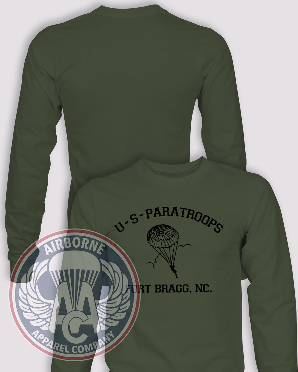 Fort Bragg US Paratroops Long Sleeve T-shirt in OD Green, front design with blank back and sleeves.