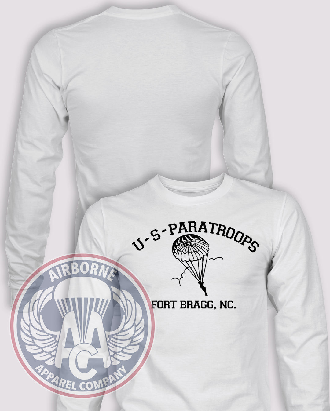 Fort Bragg US Paratroops Long Sleeve T-shirt in White, front design with blank back and sleeves.