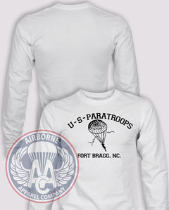 Fort Bragg US Paratroops Long Sleeve T-shirt in White, front design with blank back and sleeves.
