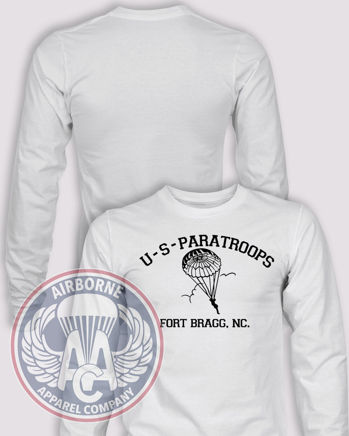 Fort Bragg US Paratroops Long Sleeve T-shirt in White, front design with blank back and sleeves.