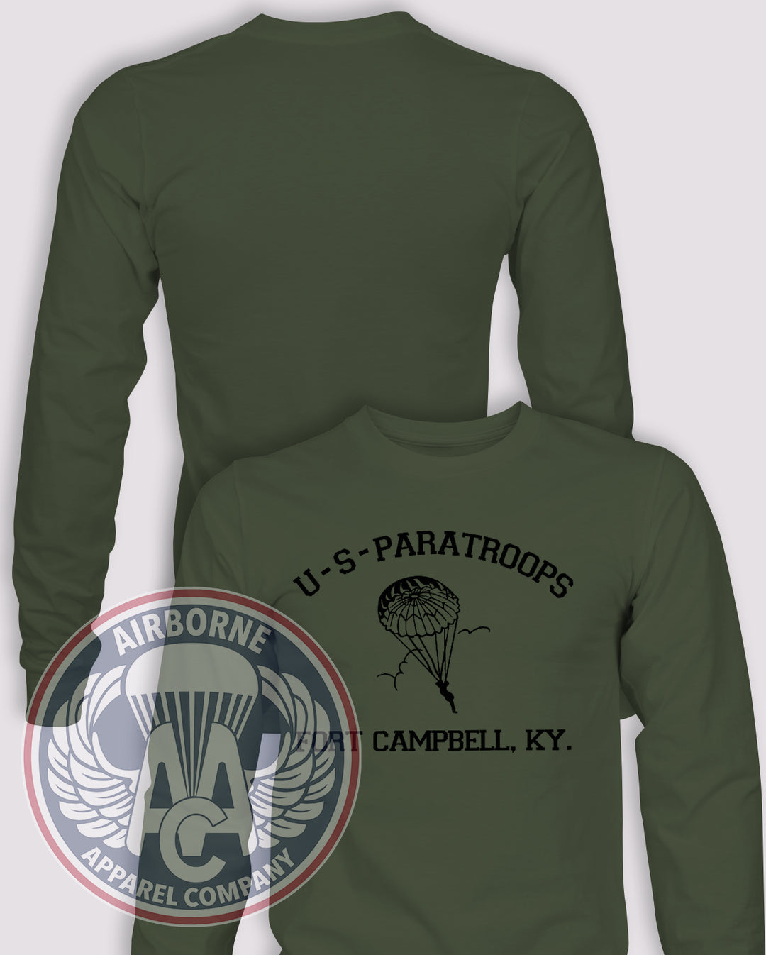 Fort Campbell US Paratroops Long Sleeve T-shirt in OD Green, front design with blank back and sleeves.
