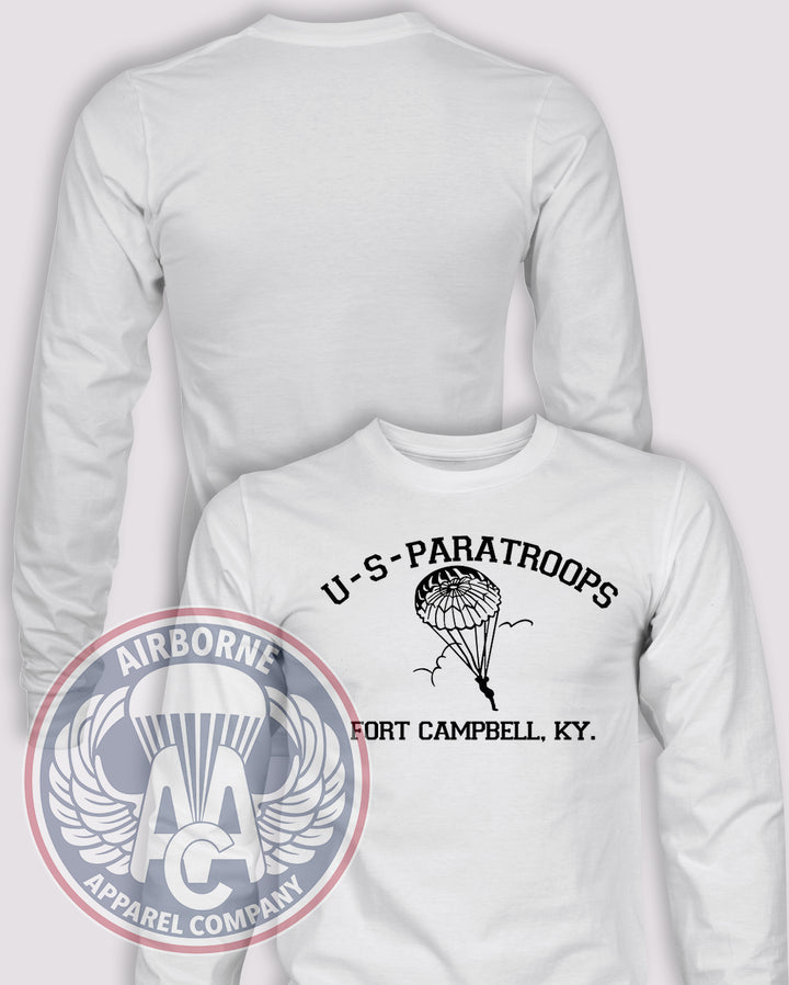 Fort Campbell US Paratroops Long Sleeve T-shirt in White, front design with blank back and sleeves.