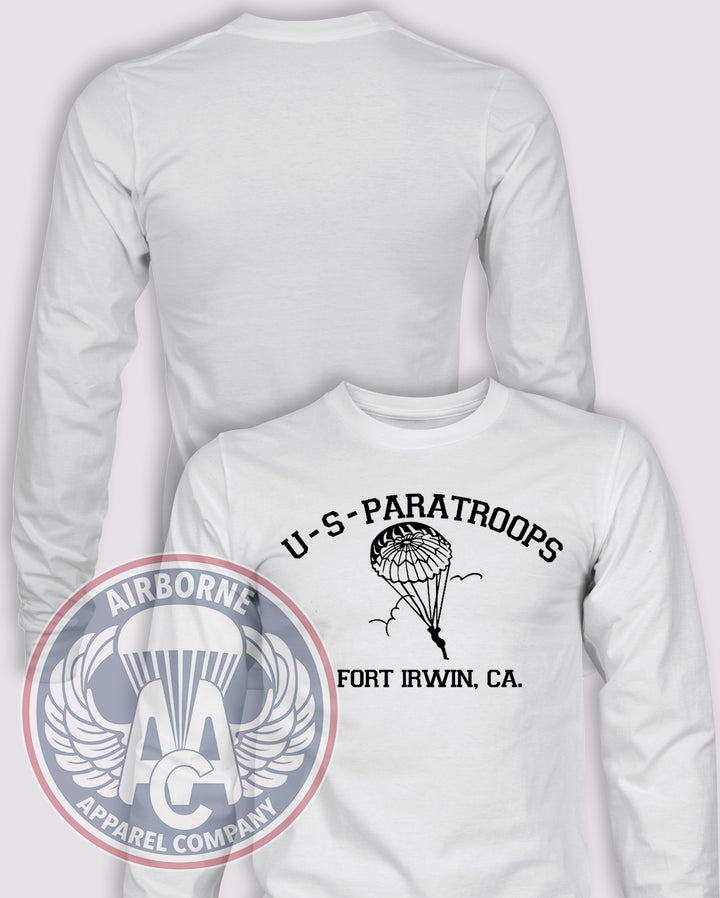 Fort Irwin US Paratroops Long Sleeve T-shirt in White, front design with blank back and sleeves.