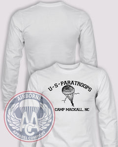 Camp Mackall US Paratroops Long Sleeve T-shirt in White, front design with blank back and sleeves.
