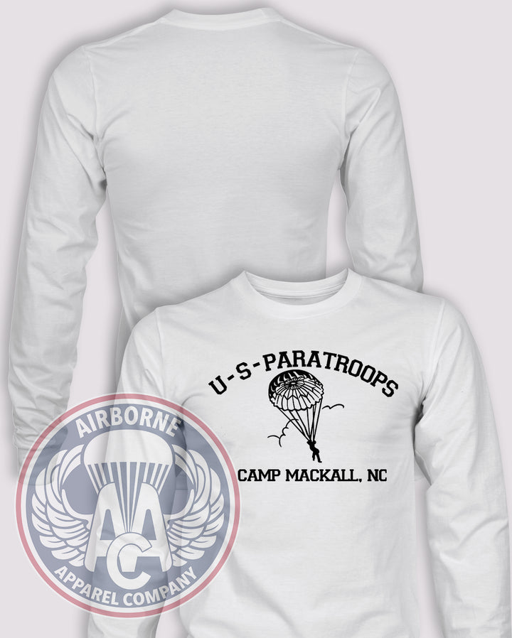 Camp Mackall US Paratroops Long Sleeve T-shirt in White, front design with blank back and sleeves.