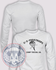Camp Toccoa US Paratroops Long Sleeve T-shirt in White, front design with blank back and sleeves.