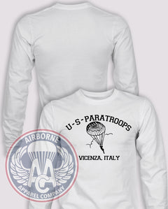 Vicenza US Paratroops Long Sleeve T-shirt in White, front design with blank back and sleeves.