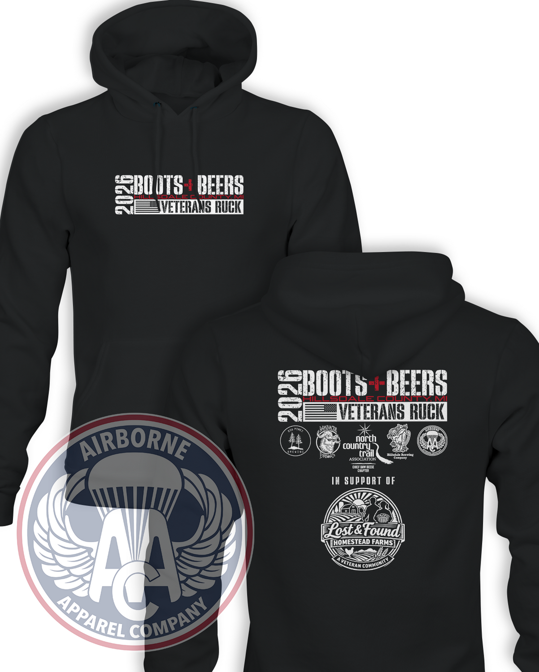 Operation Boots + Beers Champion Powerblend Hoodie in Black, front and back