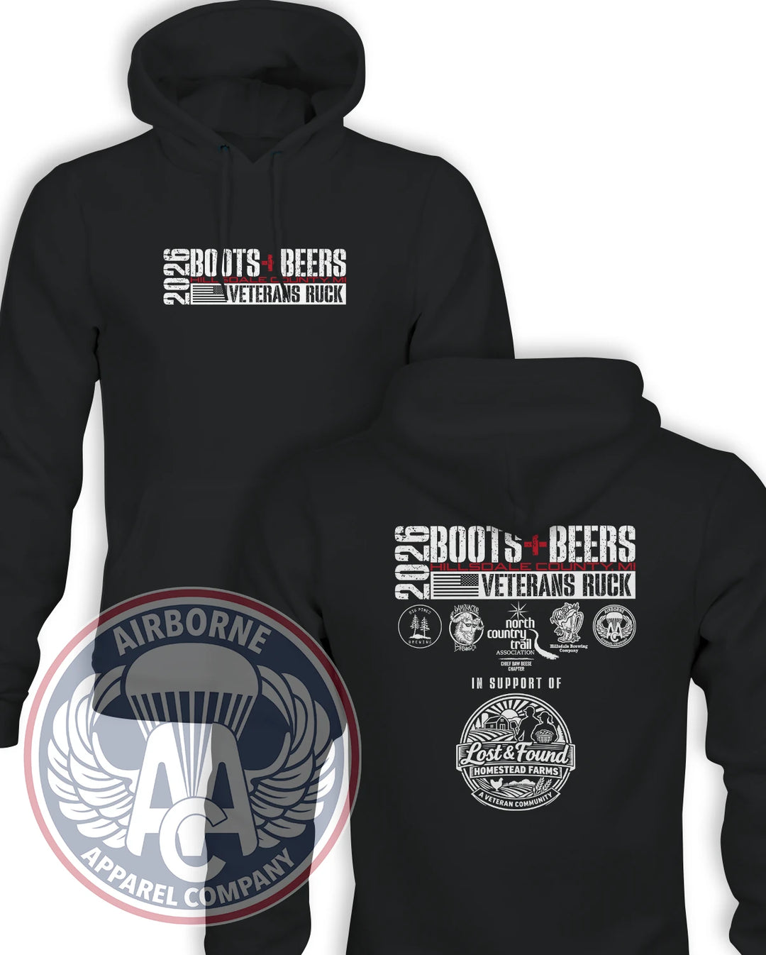 Operation Boots + Beers Champion Powerblend Hoodie in Black, front and back