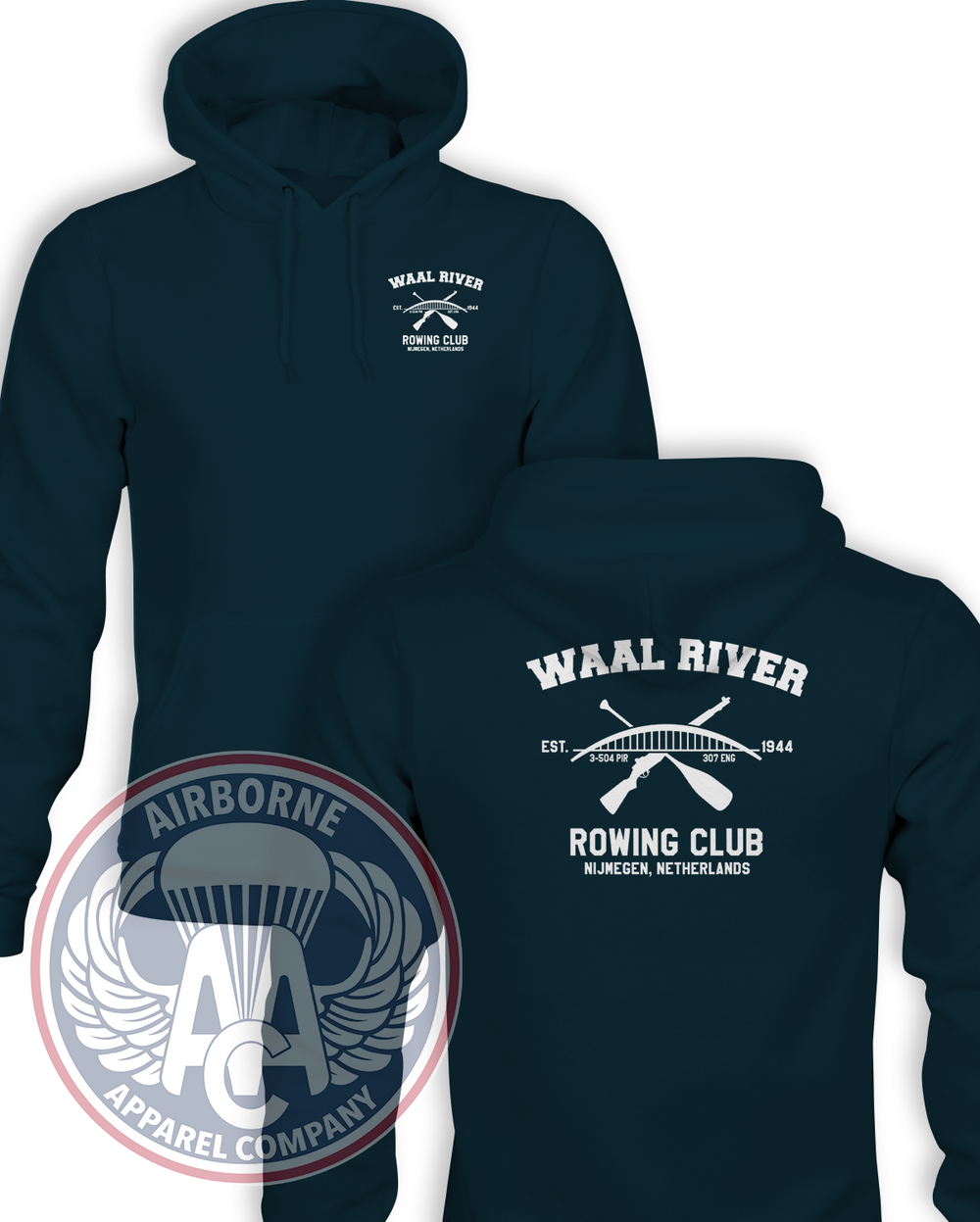 Waal River Rowing Club Navy Champion Powerblend hoodie, front and back