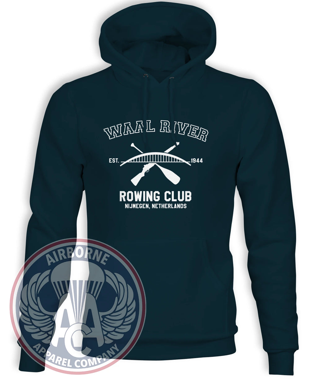 Waal River Rowing Club Navy hoodie with crossed paddle and rifle design honoring the 1944 Nijmegen crossing