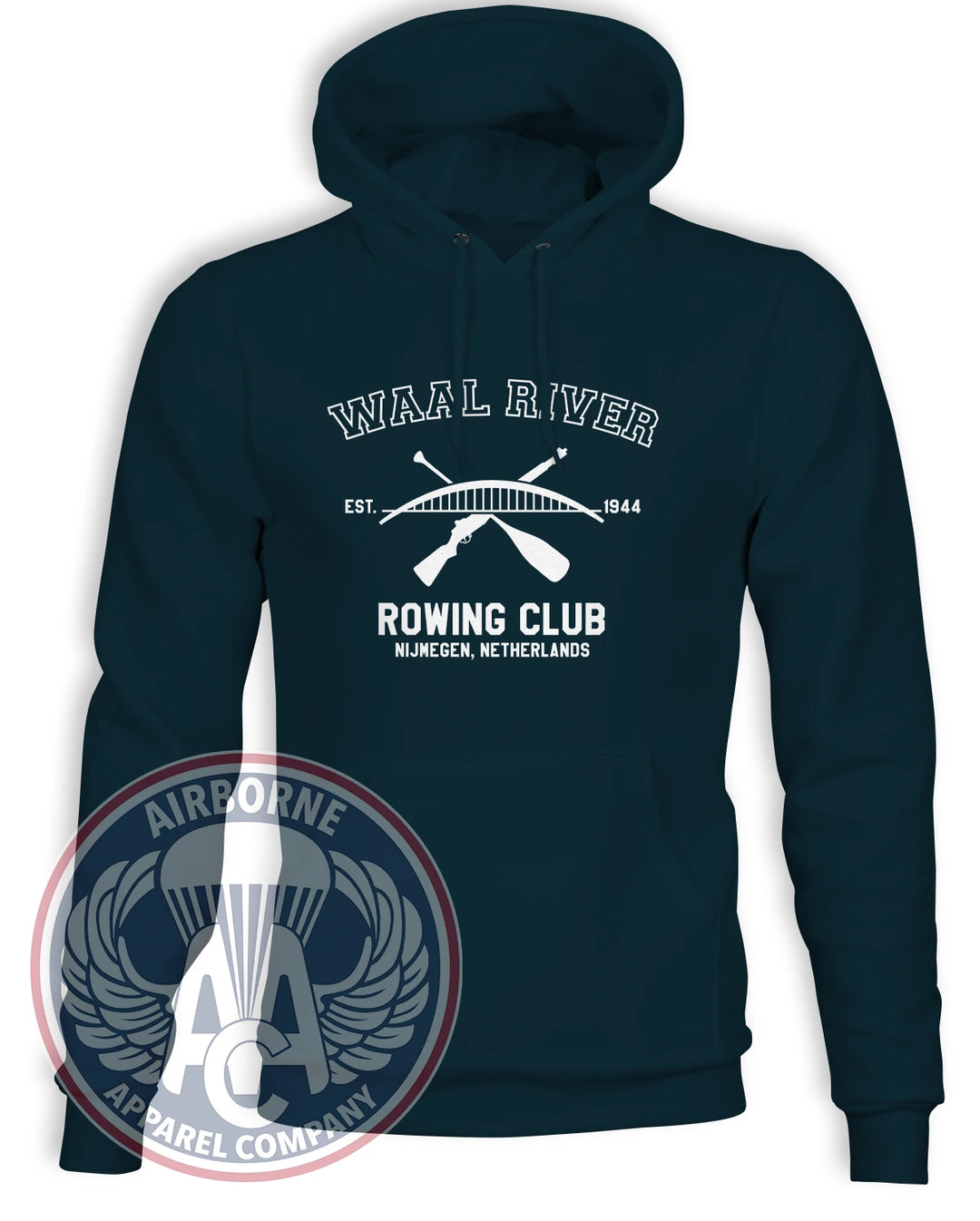 Waal River Rowing Club Navy hoodie with crossed paddle and rifle design honoring the 1944 Nijmegen crossing