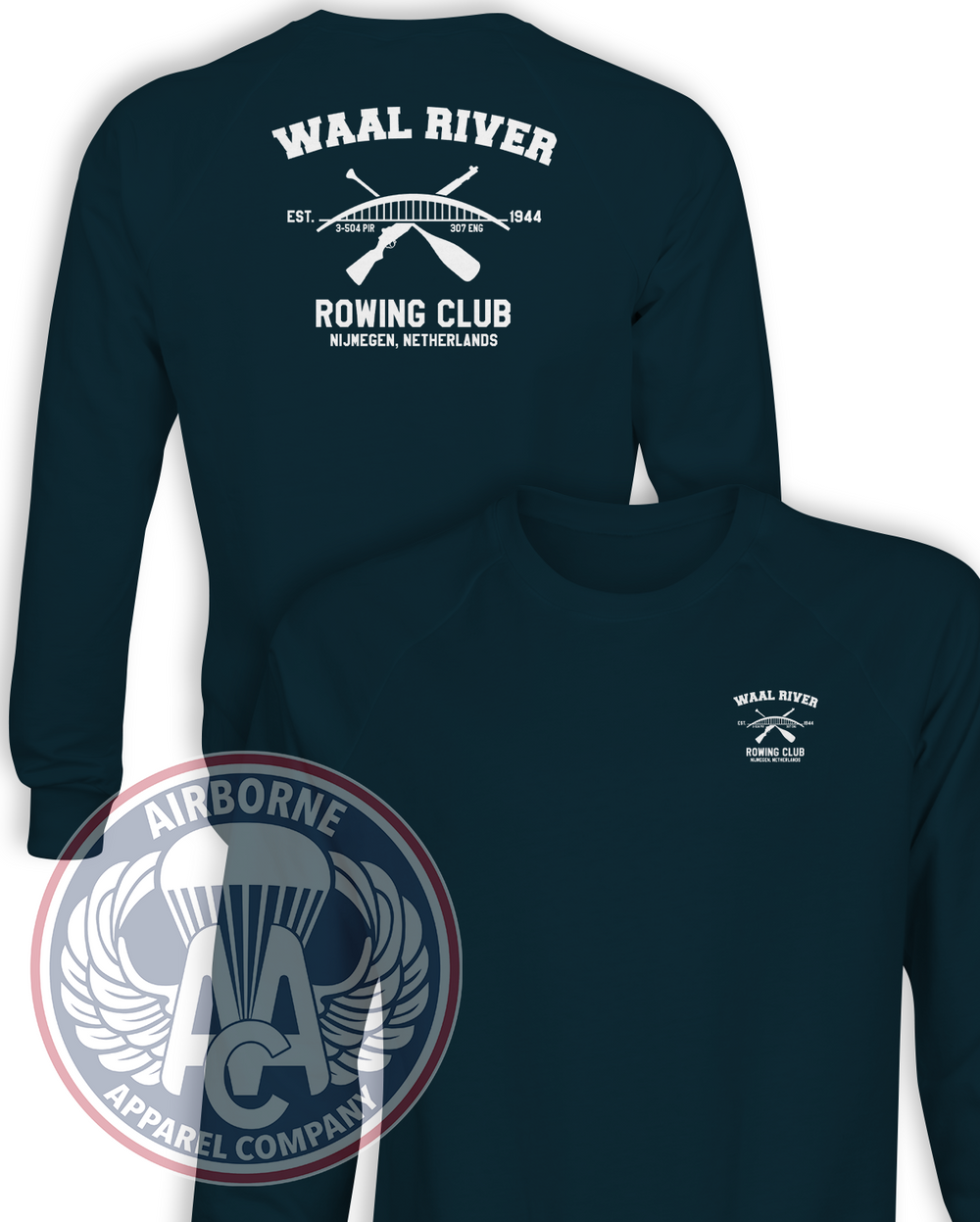 Waal River Rowing Club Navy Champion Powerblend crewneck sweatshirt, front and back