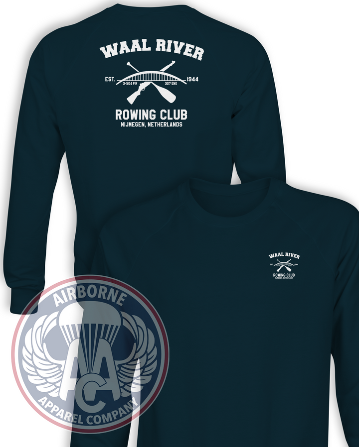 Waal River Rowing Club Navy Champion Powerblend crewneck sweatshirt, front and back