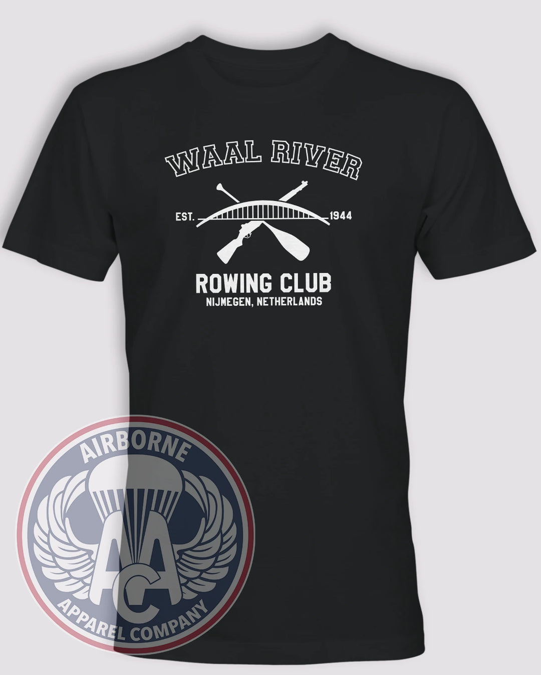 Waal River Rowing Club Black lightweight cotton T-shirt with crossed paddle and rifle design honoring the 1944 Nijmegen crossing