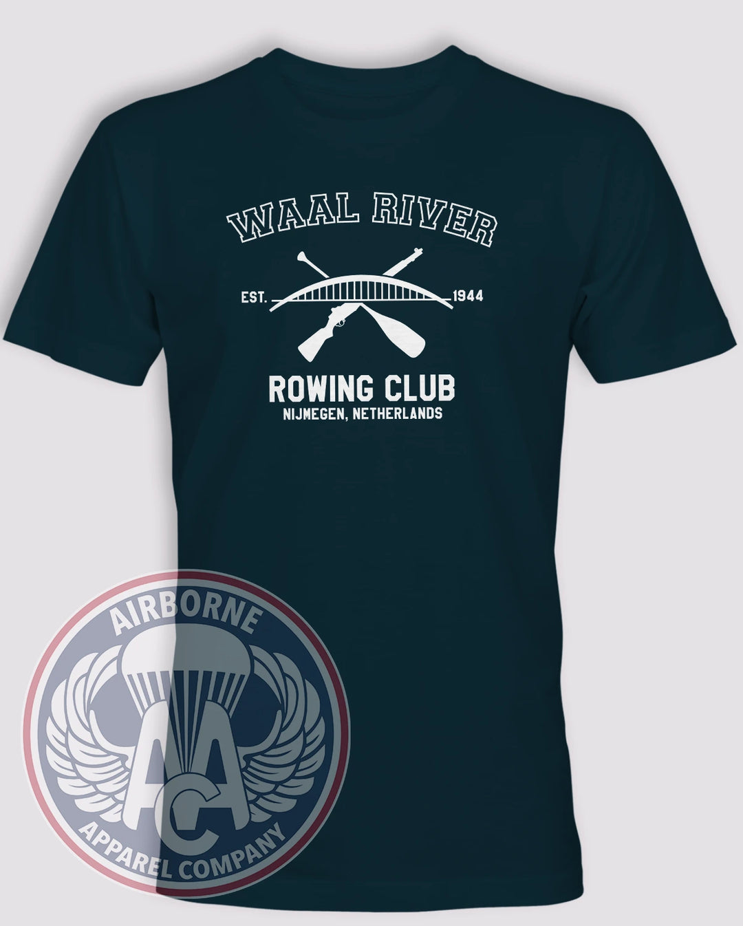 Waal River Rowing Club Navy lightweight cotton T-shirt with crossed paddle and rifle design honoring the 1944 Nijmegen crossing