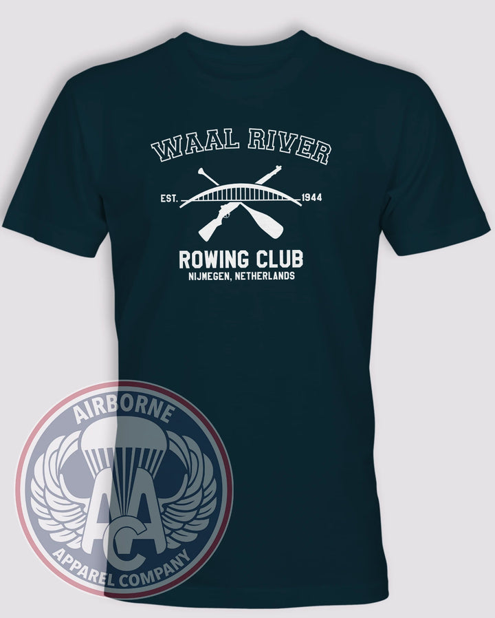 Waal River Rowing Club Navy lightweight cotton T-shirt with crossed paddle and rifle design honoring the 1944 Nijmegen crossing