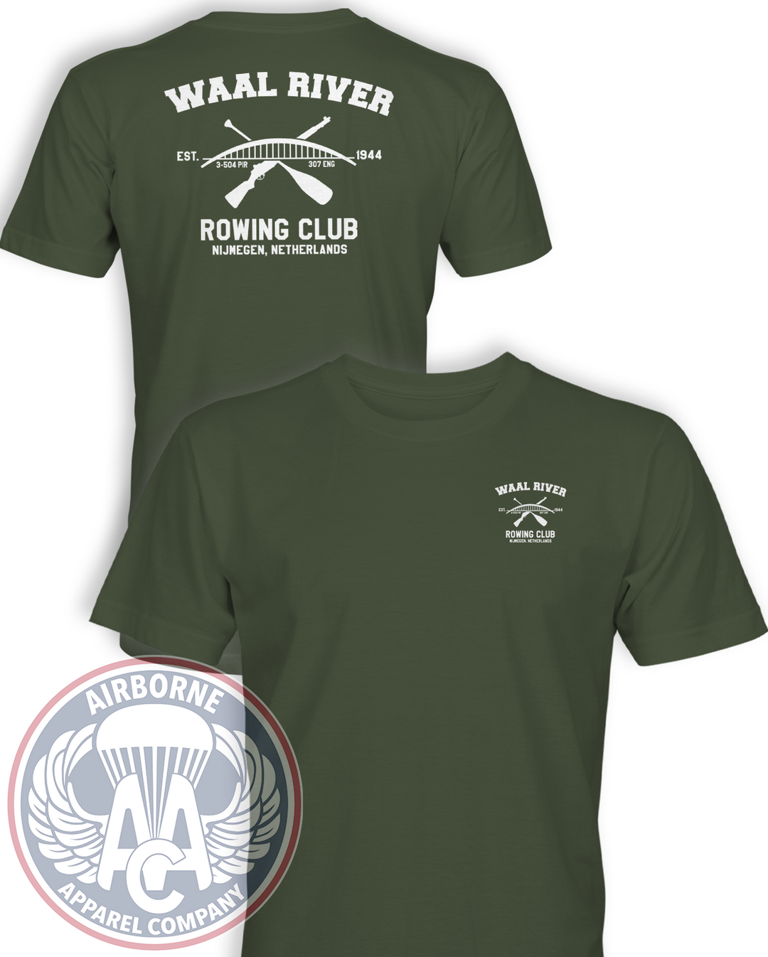 Waal River Rowing Club Olive Drab T-shirt, front and back