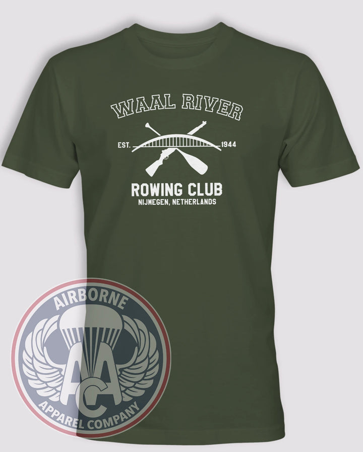 Waal River Rowing Club Olive Drab lightweight cotton T-shirt with crossed paddle and rifle design honoring the 1944 Nijmegen crossing