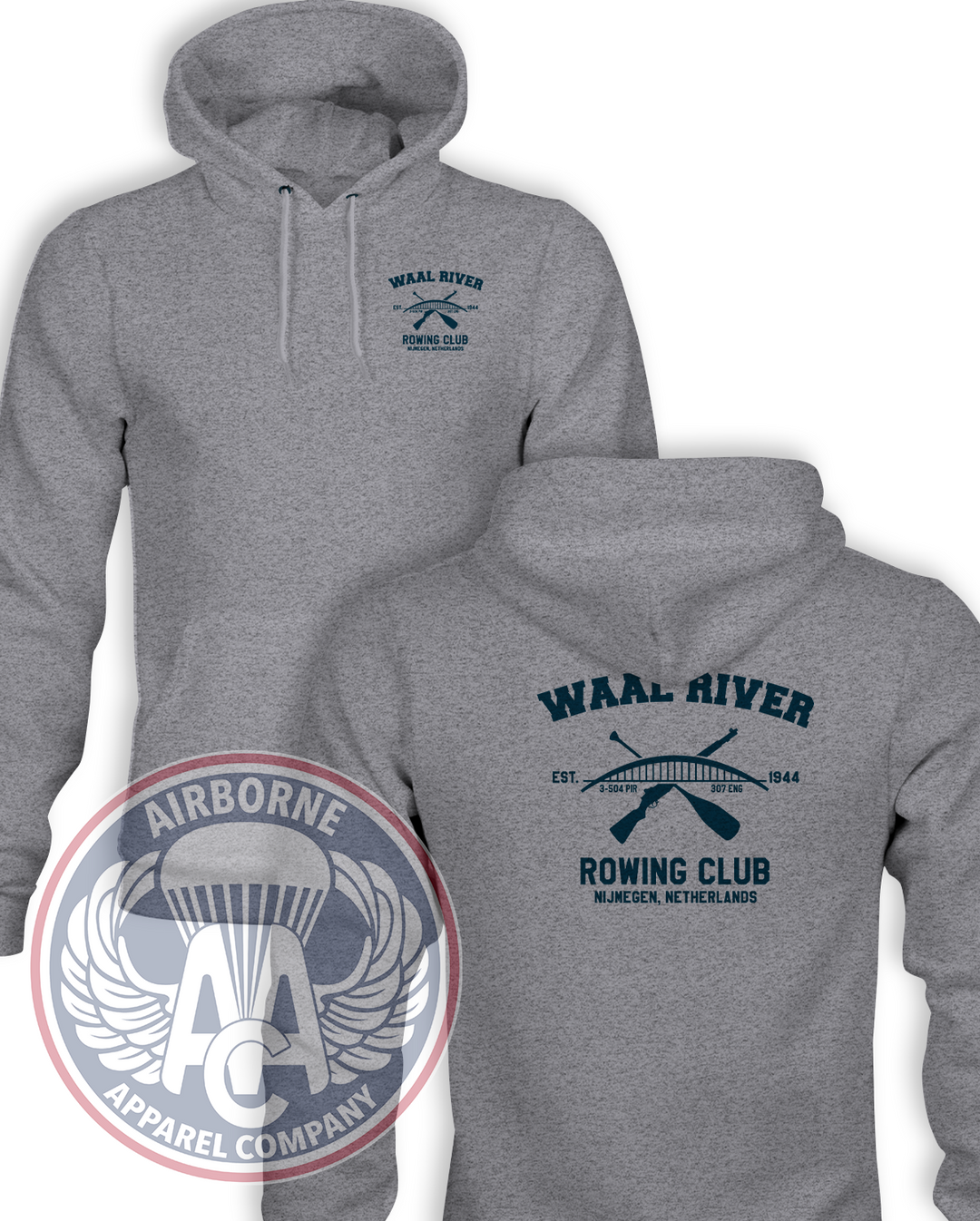 Waal River Rowing Club Heather Gray Champion Powerblend hoodie, front and back