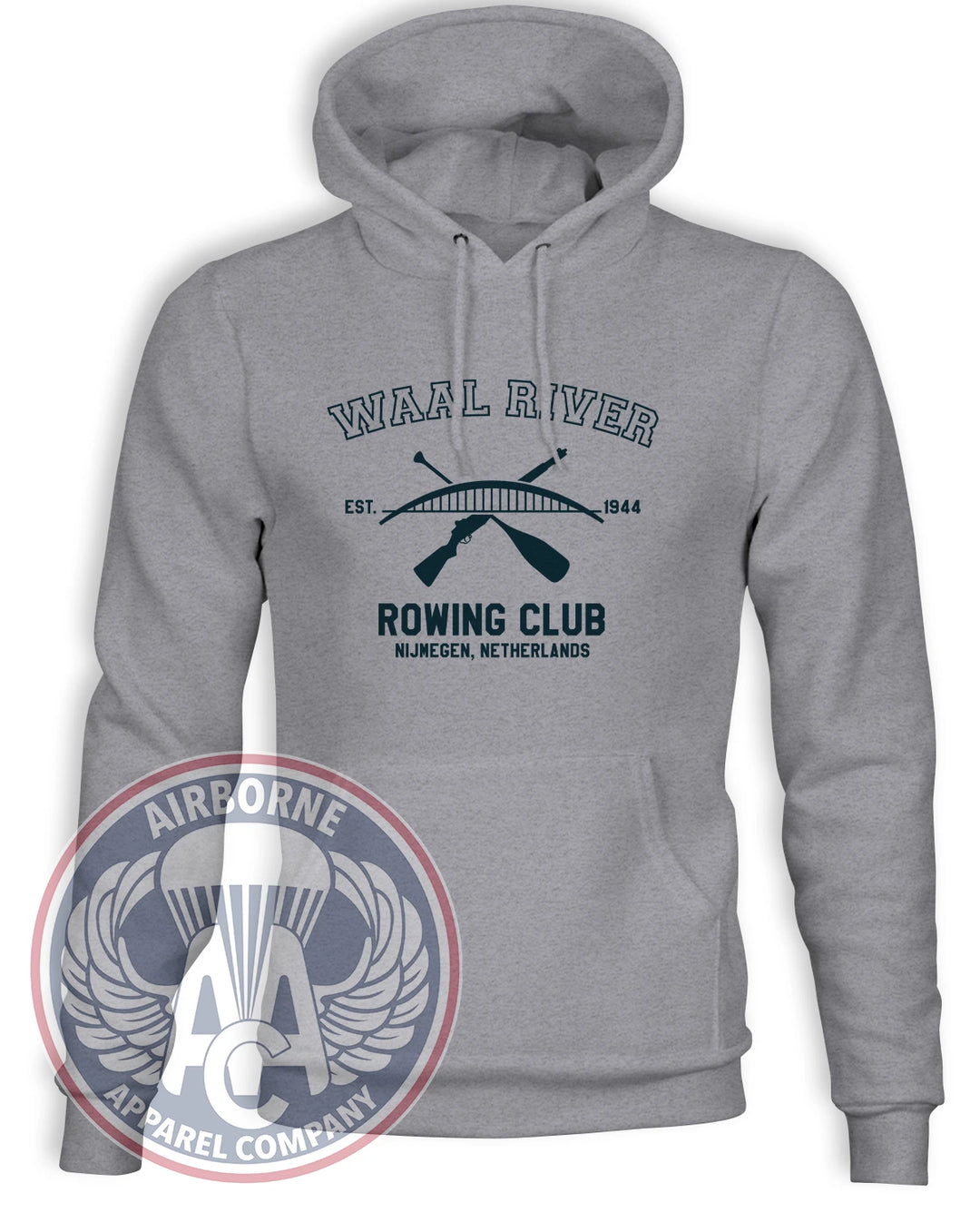 Waal River Rowing Club Heather Gray hoodie with crossed paddle and rifle design honoring the 1944 Nijmegen crossing