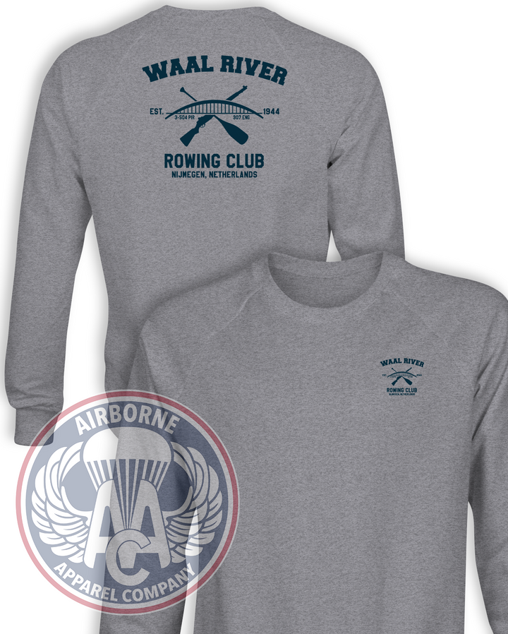 Waal River Rowing Club Heather Gray Champion Powerblend crewneck sweatshirt, front and back