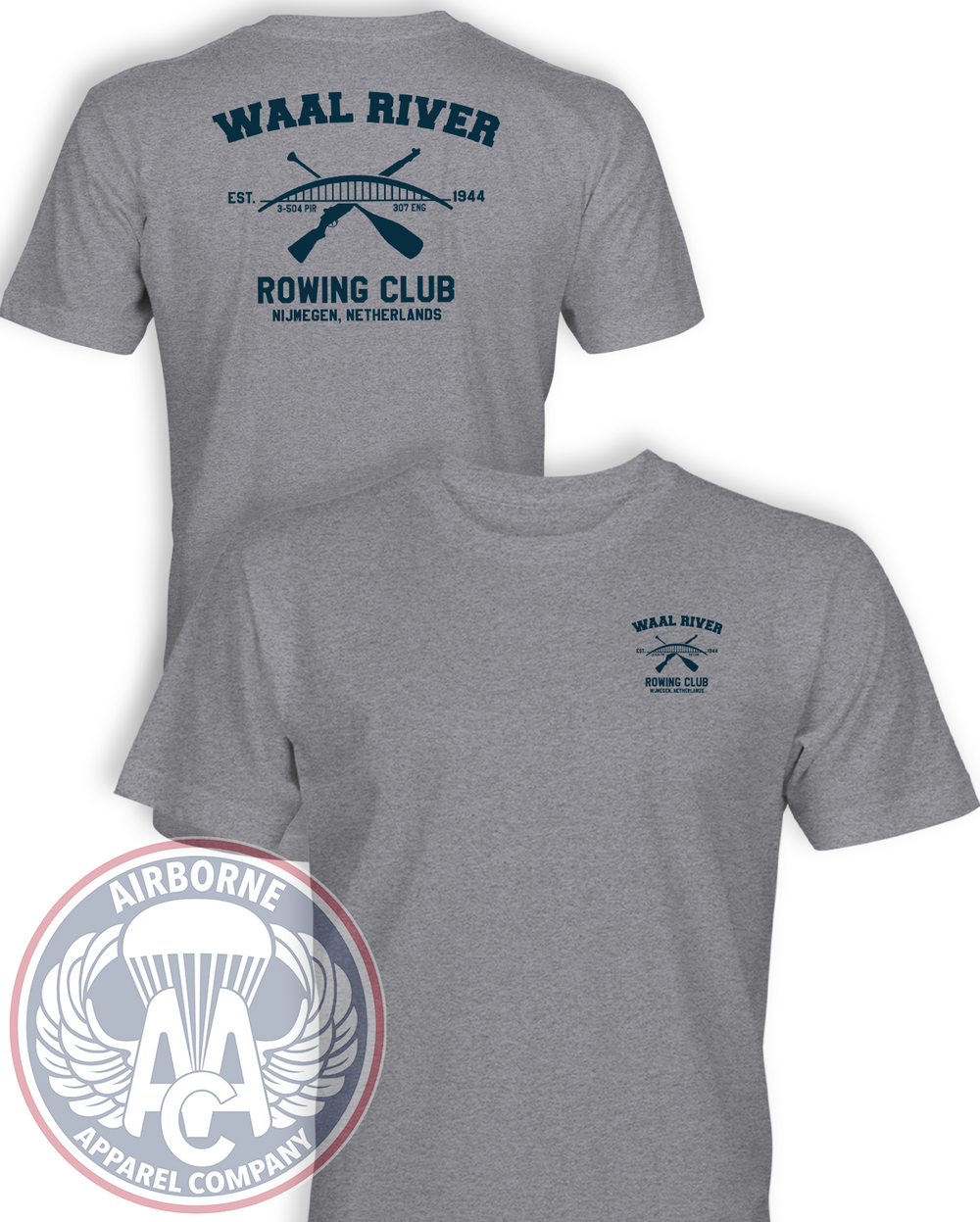 Waal River Rowing Club Heather Gray T-shirt, front and back