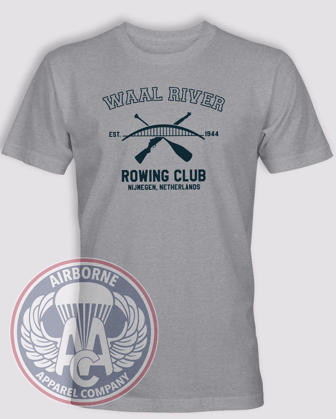 Waal River Rowing Club Heather Gray lightweight cotton T-shirt with crossed paddle and rifle design honoring the 1944 Nijmegen crossing
