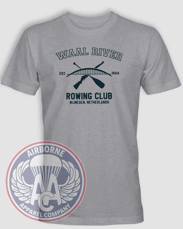 Waal River Rowing Club Heather Gray lightweight cotton T-shirt with crossed paddle and rifle design honoring the 1944 Nijmegen crossing