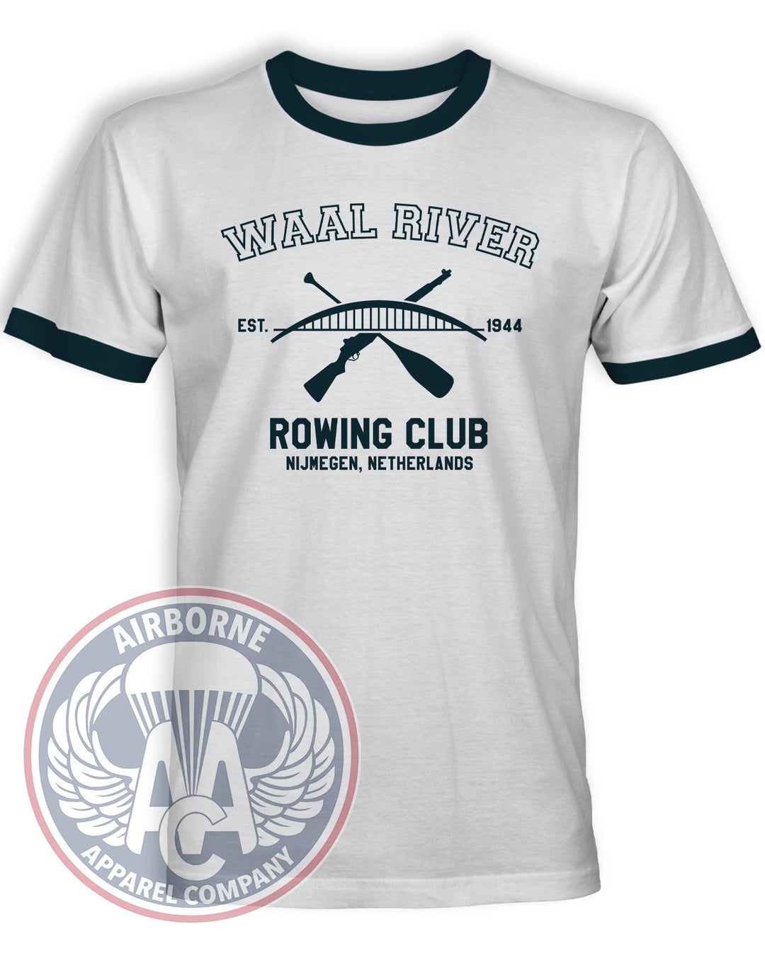 Waal River Rowing Club White and Navy ringer T-shirt with crossed paddle and rifle design honoring the 1944 Nijmegen crossing