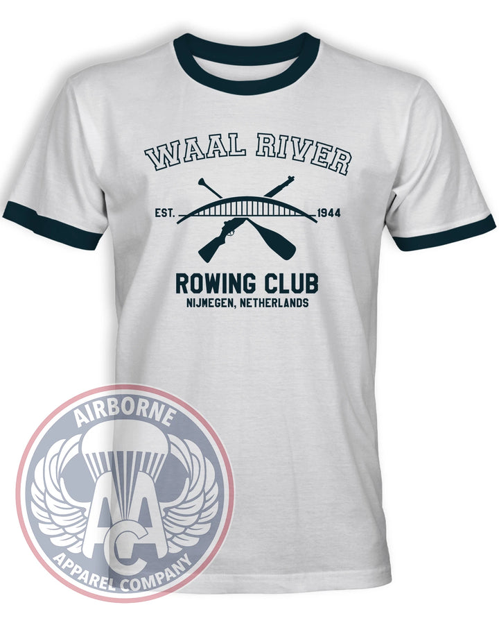 Waal River Rowing Club White and Navy ringer T-shirt with crossed paddle and rifle design honoring the 1944 Nijmegen crossing