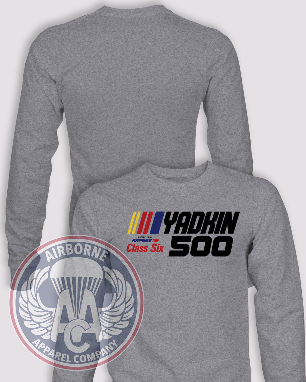 Yadkin 500 Long-Sleeve T-Shirt, Heather Grey, front graphic and blank back; unprinted sleeves