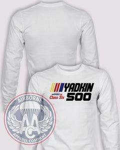 Yadkin 500 Long-Sleeve T-Shirt, White, front graphic and blank back; unprinted sleeves