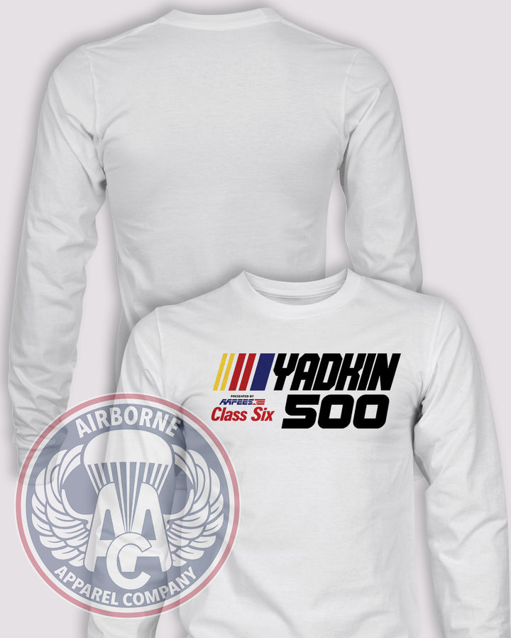 Yadkin 500 Long-Sleeve T-Shirt, White, front graphic and blank back; unprinted sleeves